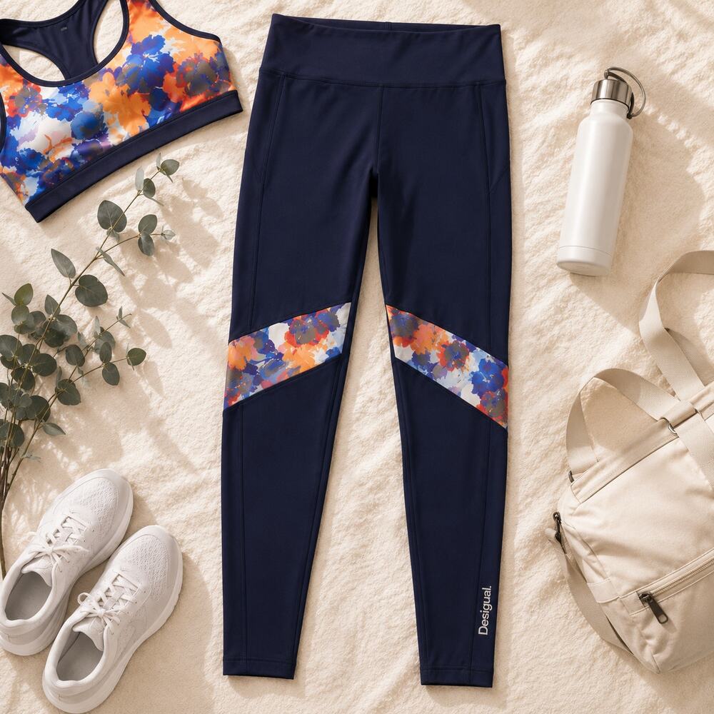 Desigual Floral Panel Leggings XL Navy Blue High Rise Active Yoga Workout Pants